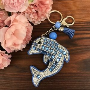 Blue Rhinestone Dolphin with Tassel Keychain Charm